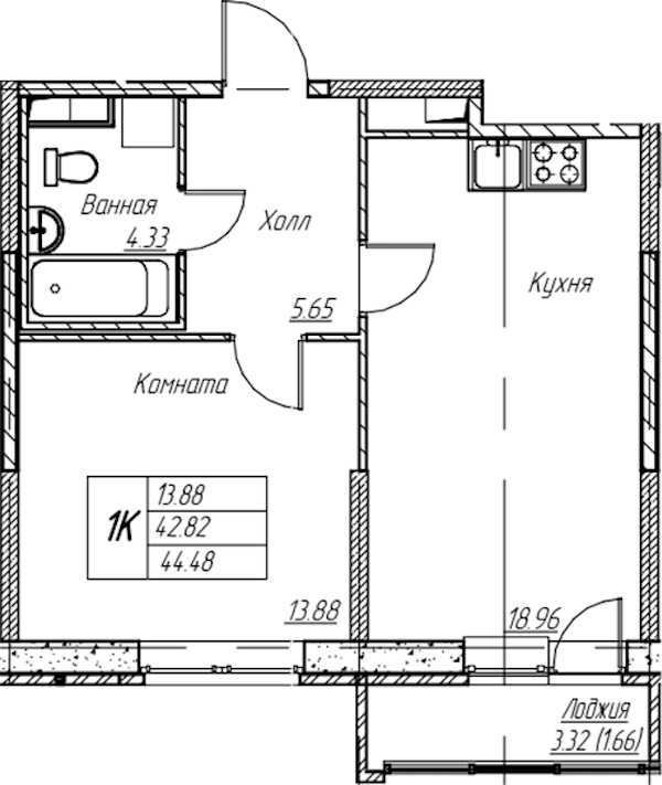 1-комнатная квартира 44.48 м², 2/22 эт., ЖК «Парк-квартал Юнтолово»